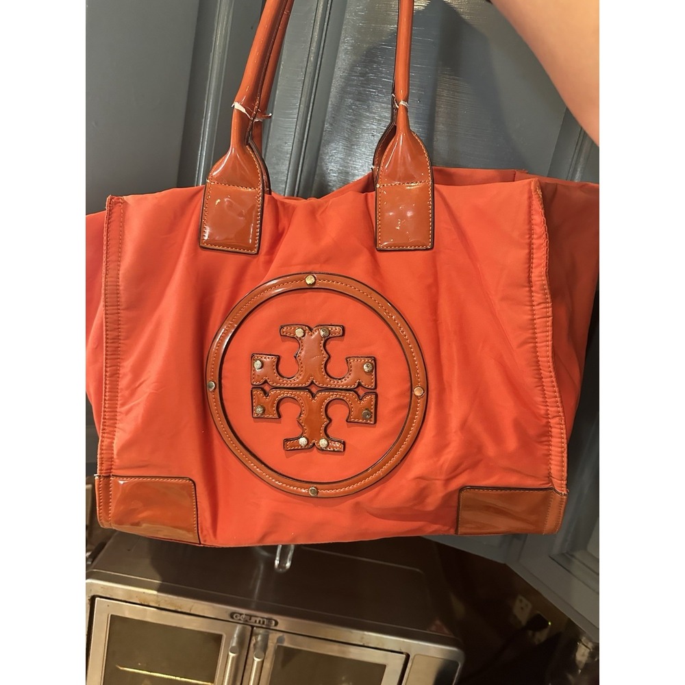 Tory Burch Ella Orange Nylon Large Tote Bag Patent Trim Handle Damage